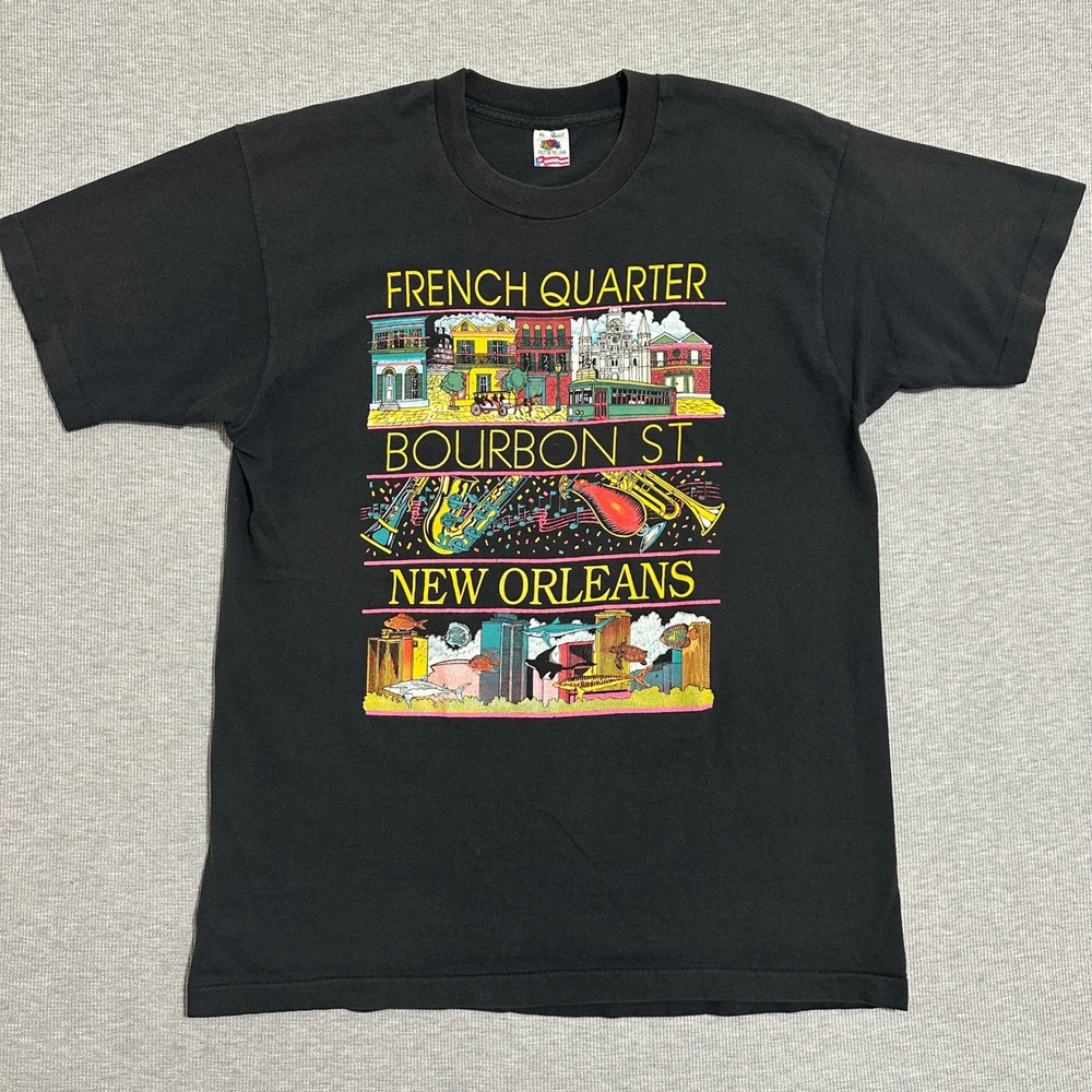 Vintage 90s New Orleans French Quarter Bourbon St Neon Graphic Tee Black Mens XL